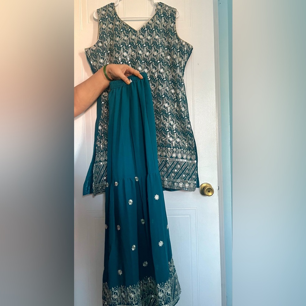 Teal & Silver Embroidered Sharara Suit – Indian Party Wear / Festive Outfit